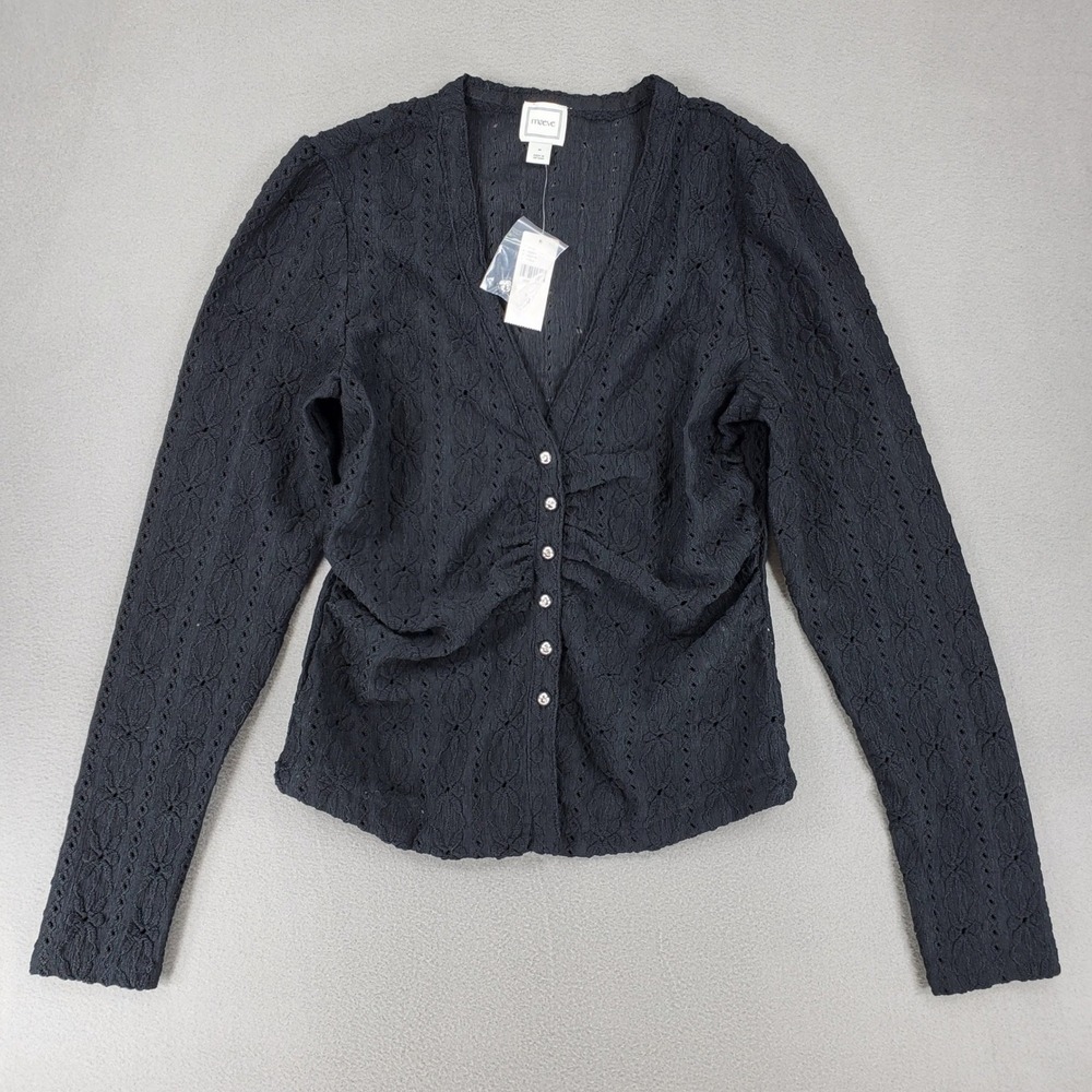 Maeve Pointelle Cardigan Women M Black Ruched V-Neck Crystal Button NEW